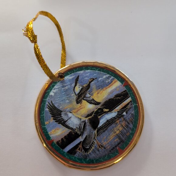 Vintage Round Porcelain Ornament By Bob Schmidt Featuring Ducks 2-sided - Picture 2 of 5